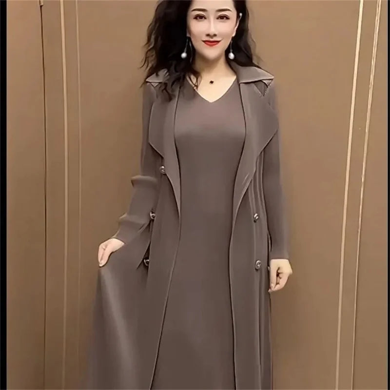 Spring Autumn Fashion Slim Pleated Suit Collar Fake Two Piece Windbreaker Coat Comfortable Waist Shrinking Elastic Dress Belt