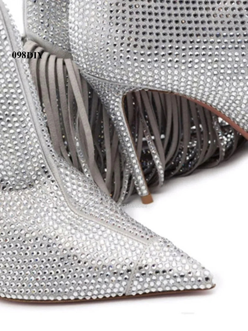 Knee High Fringe Rhinestone Heeled Cowboy Boots for Women