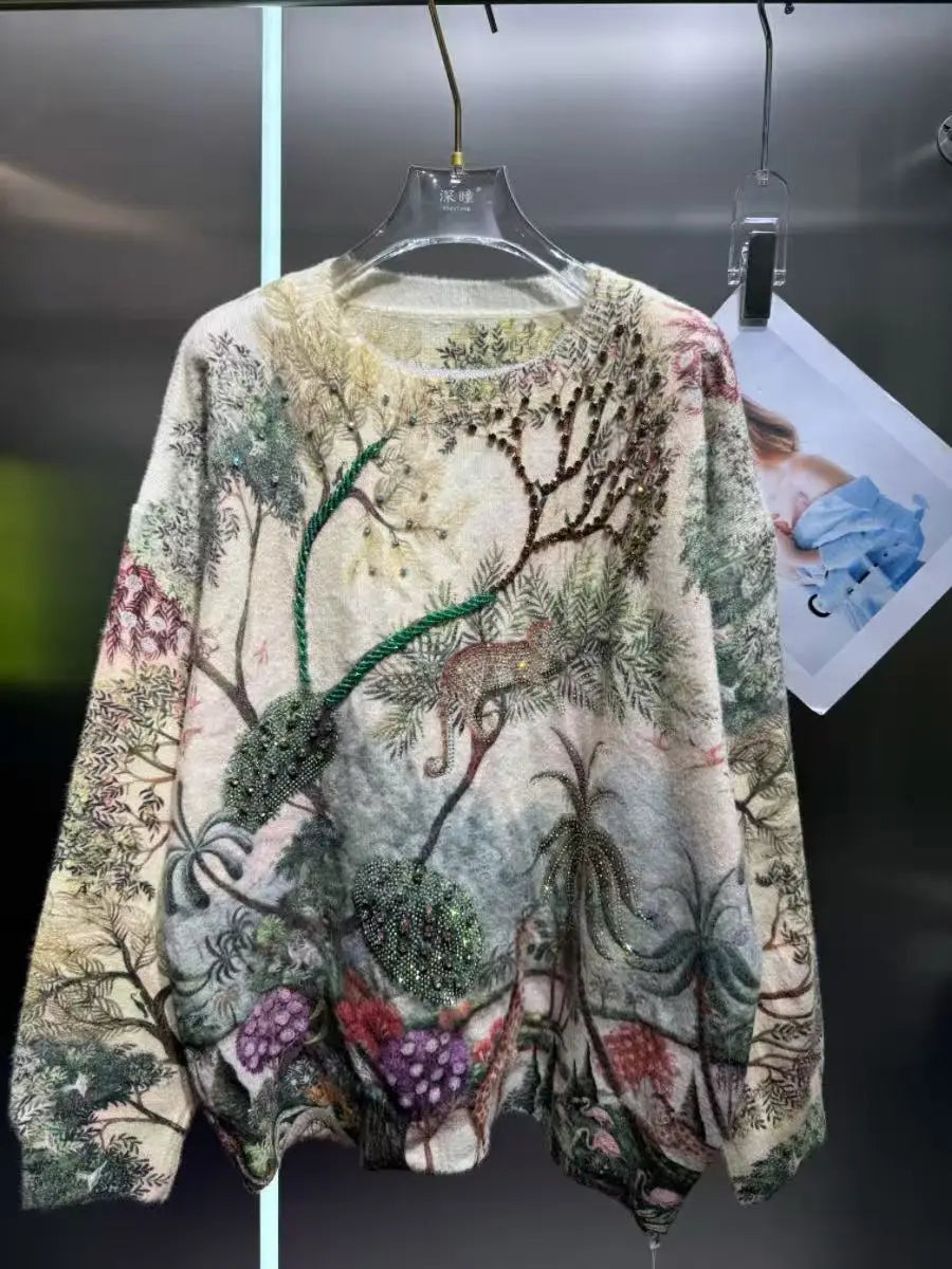 Crystal Embroidered Cozy Loose Knit Sweater for Women