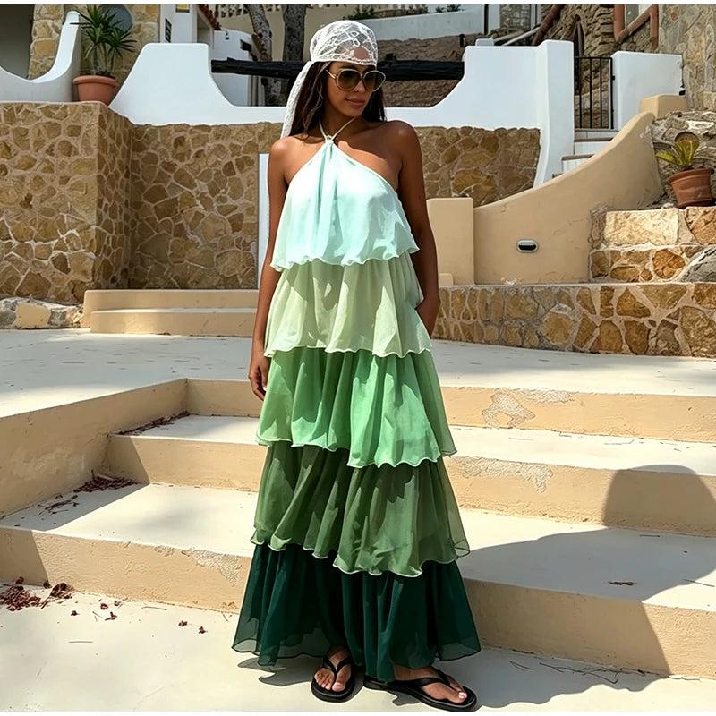 Flowy Gradient Halter Off Shoulder Ruffle Maxi Dress for Women