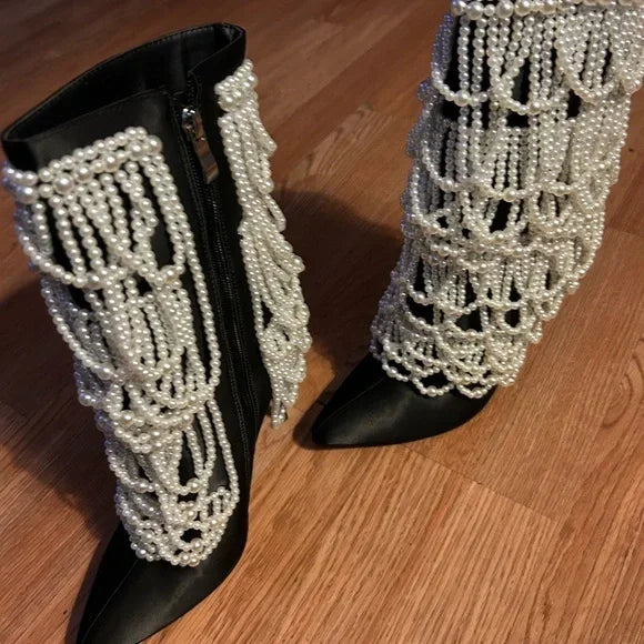 Mid Calf Pointed Toe Zip Satin Pearl Chain Black Boots for Women