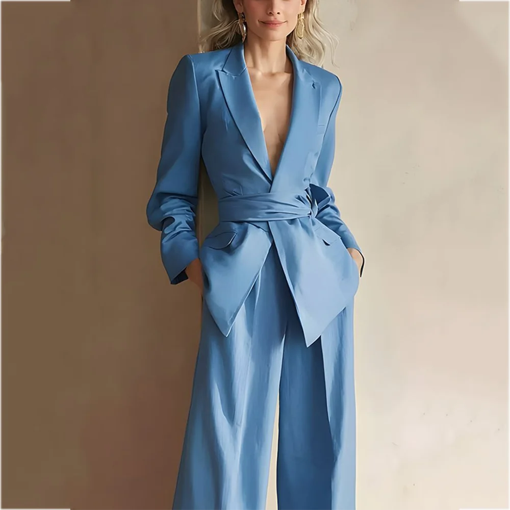 Casual Women's Suit Straight Peak Lapel Fashion Outfit with Belt Solid Color High Quality Office Meeting Female Daily Set