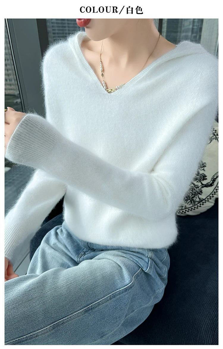 Loose Fit Thick Knit Hooded V-Neck Sweater for Women