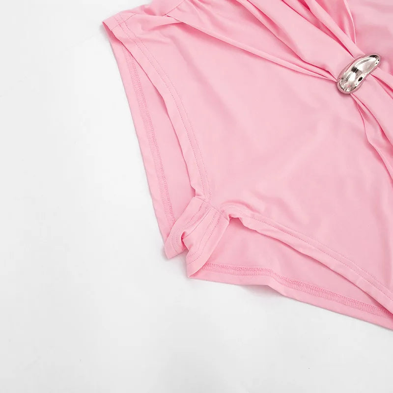 Metal Buckle Halter Backless Ruched Sleeveless Peach Rompers for Women