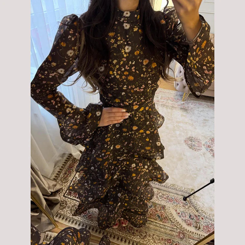 Chic Floral Bell Sleeve Floor-Length Dress For Women