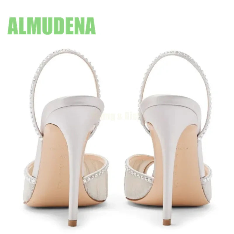 Pointed Toe Pleated Lace Rhinestone Buckle Slim Heels for Women