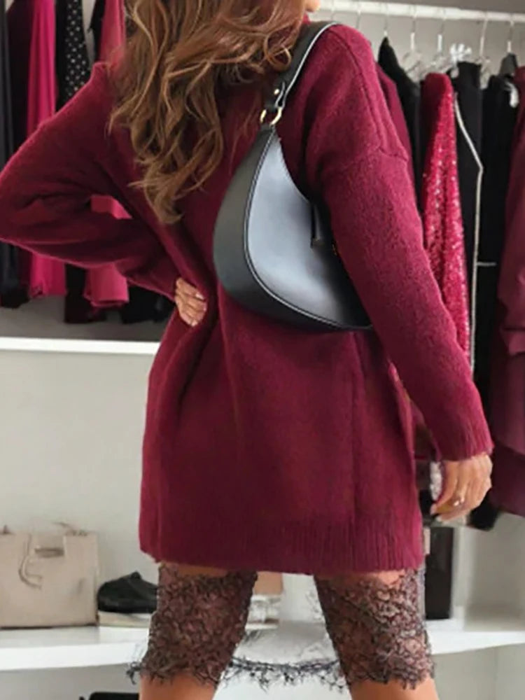 Patchwork Turtleneck Long Sleeve Sweater Mini Dress for Women