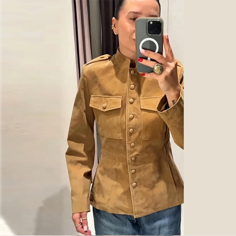 Vintage Stand Collar Single Breasted Military Coat For Women