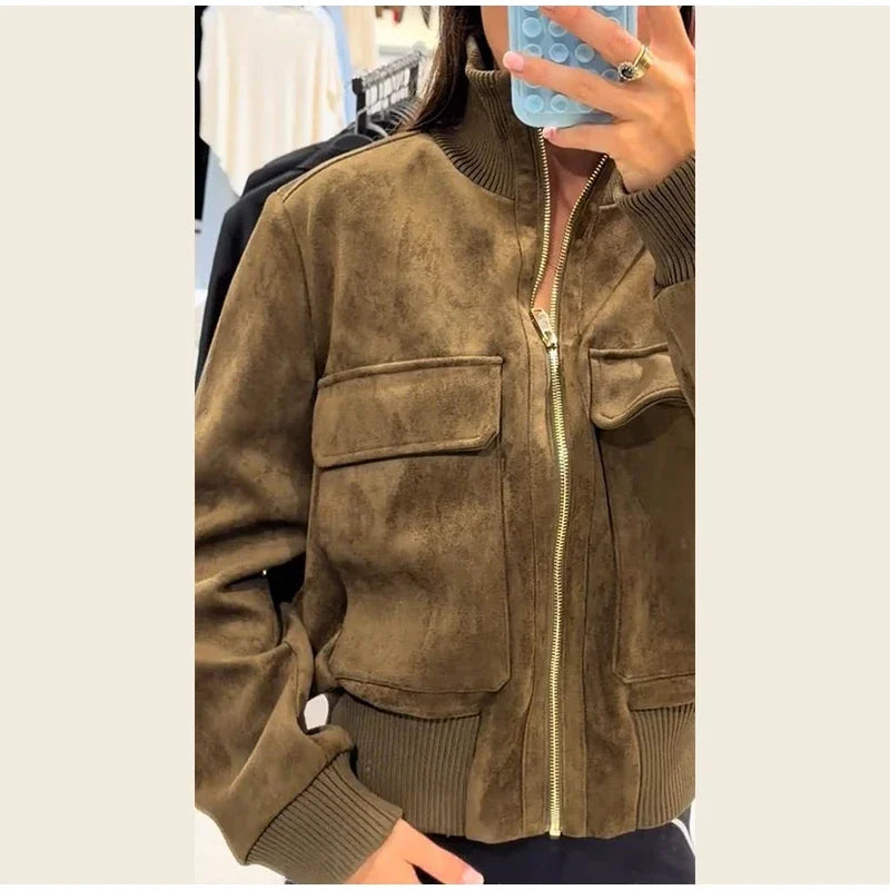 Vintage Suede Long Sleeve Jacket with Pockets for Women