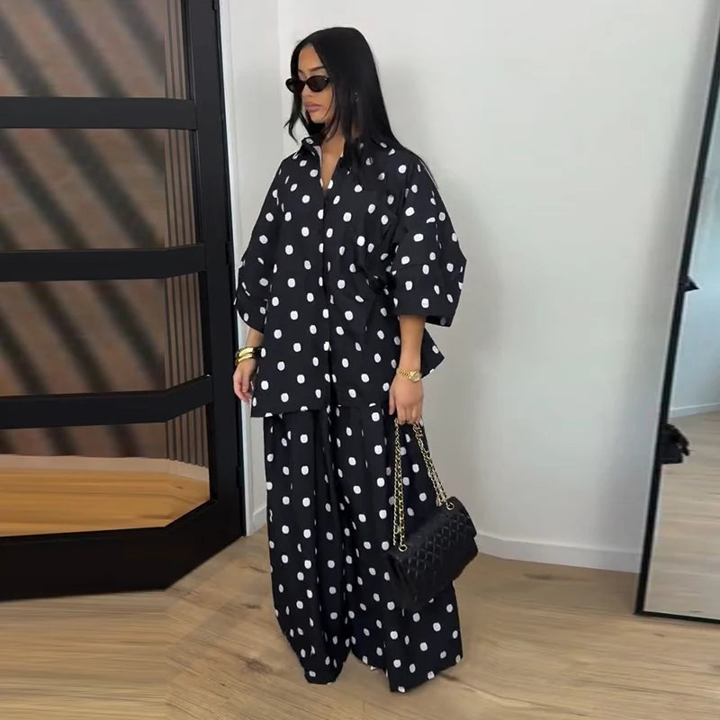 Elegant Polka Dot Shirt And Wide Leg Pants Set for Women
