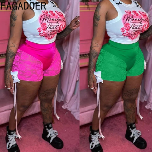 FAGADOER Sexy Lace Perspective Bow Bandage Shorts Women High Waist Elastic Skinny Shorts Fashion Summer New Bottoms Streetwear