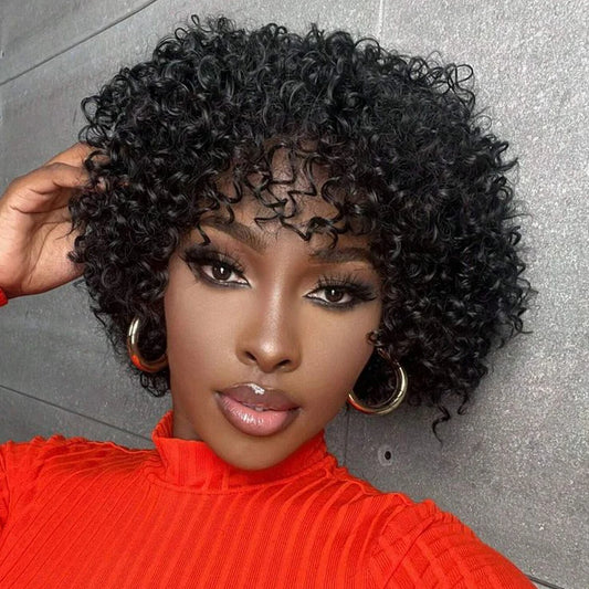 Short Curly Human Hair Wig With Bangs Afro Wig None Lace Front Human Hair Wigs for Black Women 180% Density Kinky Curly Wigs