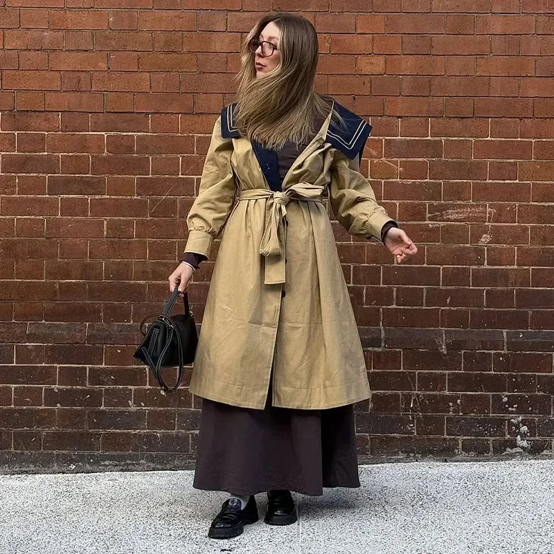 Autumn Patchwork Lace Up Windbreaker Coat for Women