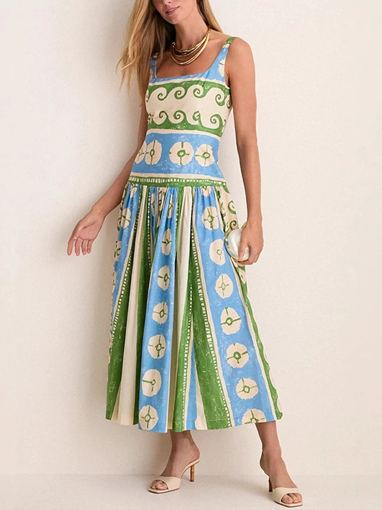 Printed Sleeveless Backless V Neck Midi Dress for Women