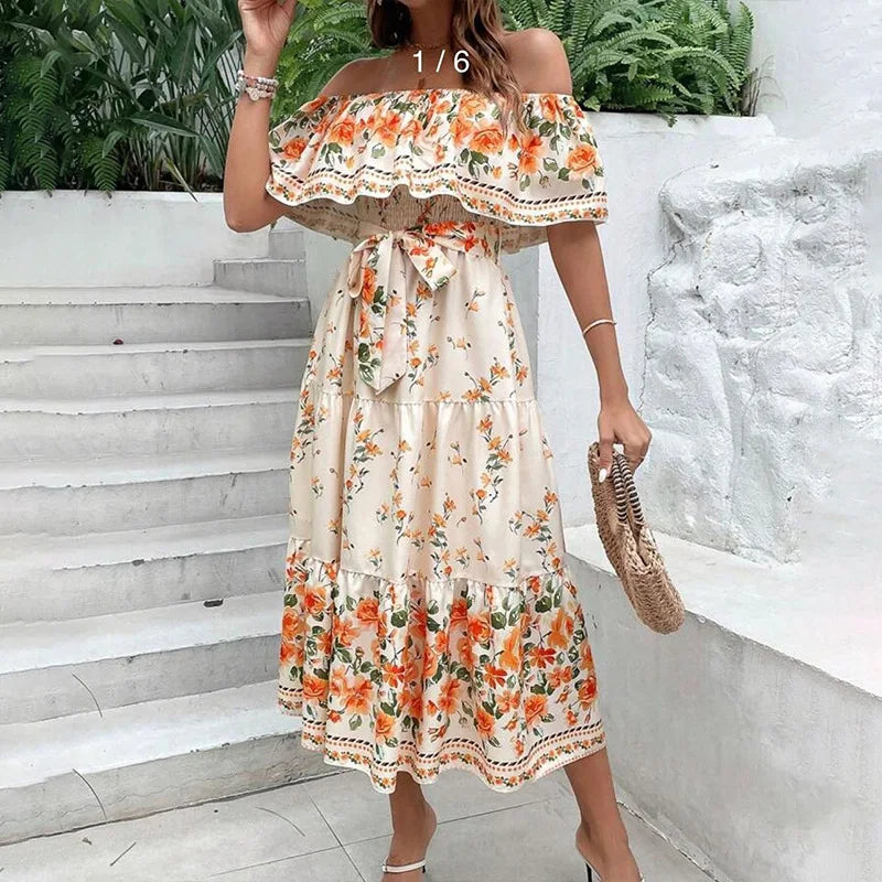 Floral Print Off Shoulder High Waist Dress for Women