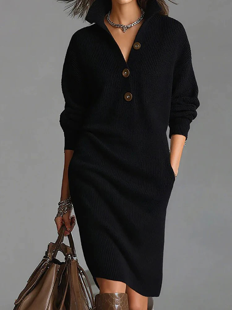 Turn-Down Collar Simple Sweater Dress, Women Autumn Winter Long Sleeve Chic Party Dress, New Solid Patchwork Casual Ladies Dress