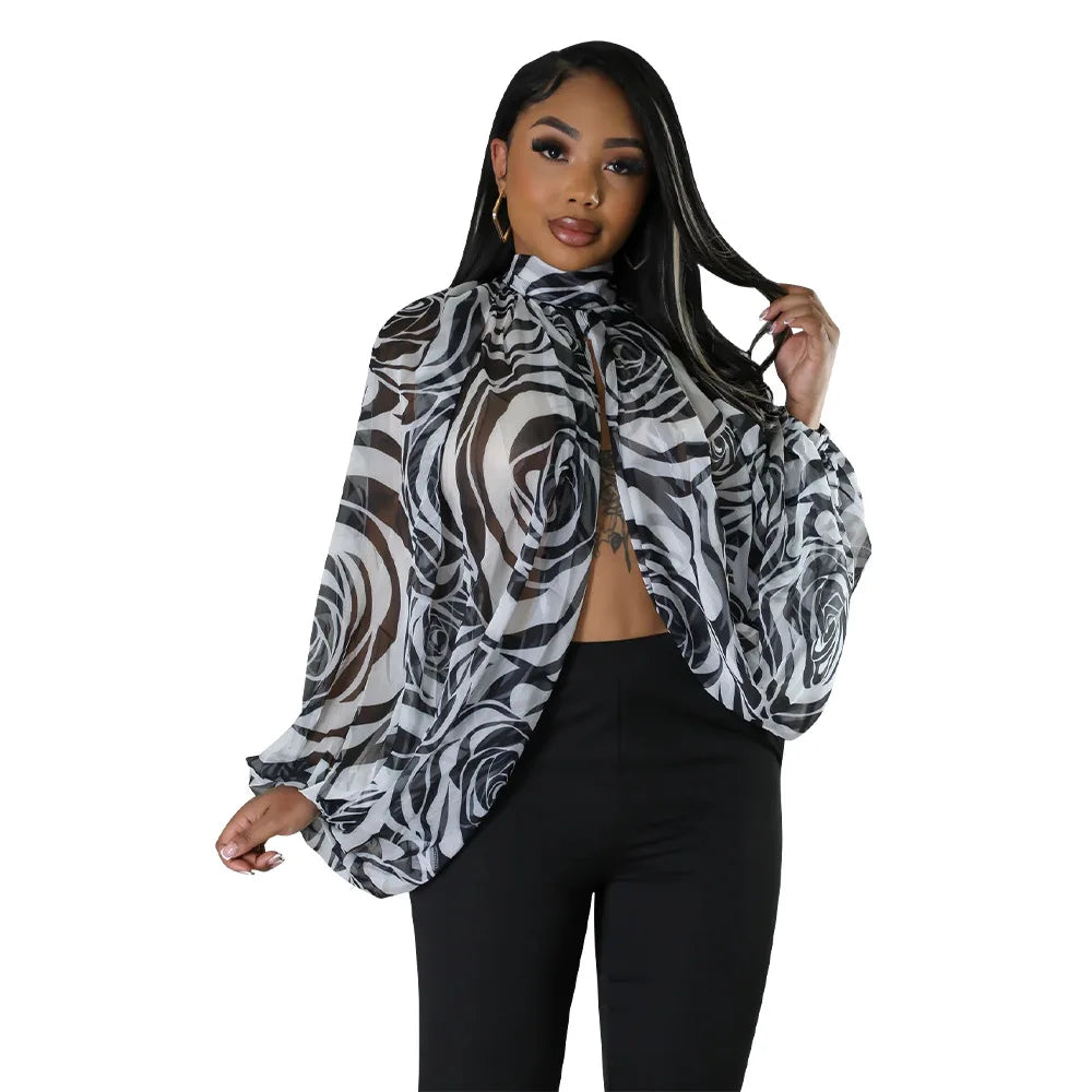 Sheer Lantern Sleeve Blouse with Tie Back for Women