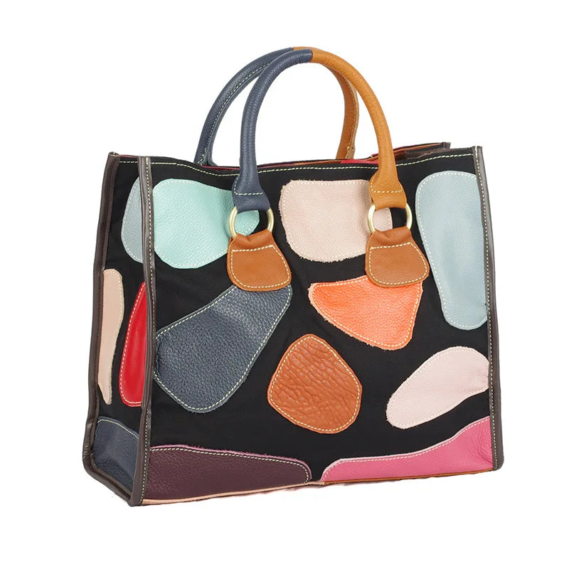 Genuine leather women's bag, ethnic style color contrasting design, large capacity tote bag, women's handbag