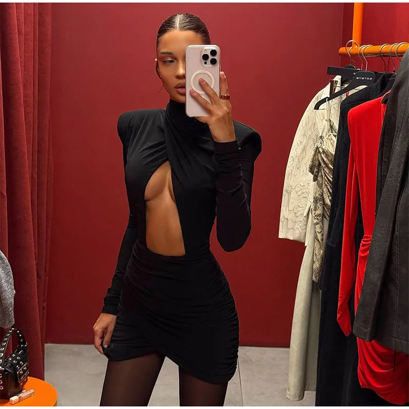 Women Sexy Hollow Out Pleated Mini Dress Fashion Solid Half High Collar Full sleeve Short Dresses Lady 2025 Chic Party Robes