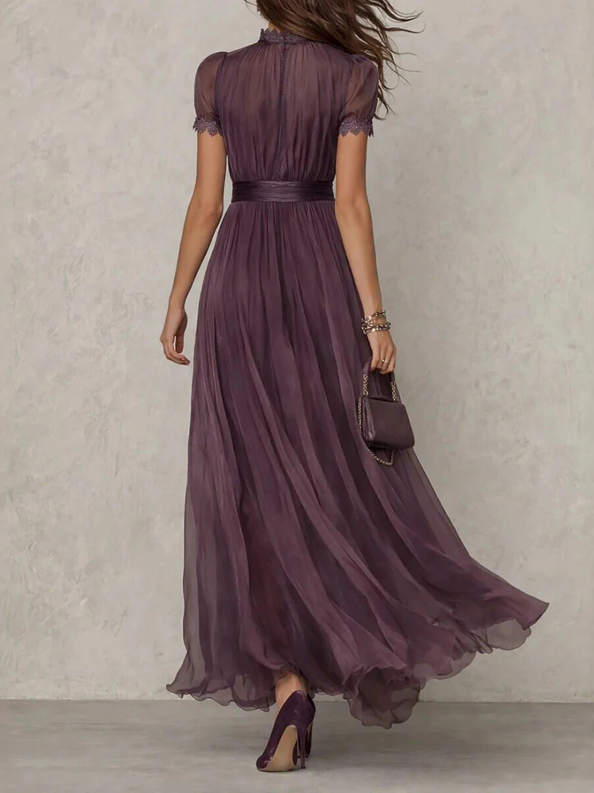 Elegant Lace Trim Chiffon Maxi Evening Dress for Women