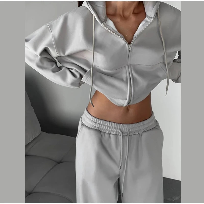 Casual Hooded Jacket and Wide Leg Pants Set for Women