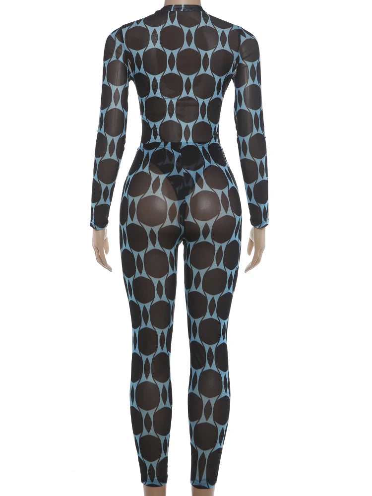 Mesh Patchwork Long Sleeve Two Piece Pants Set for Women