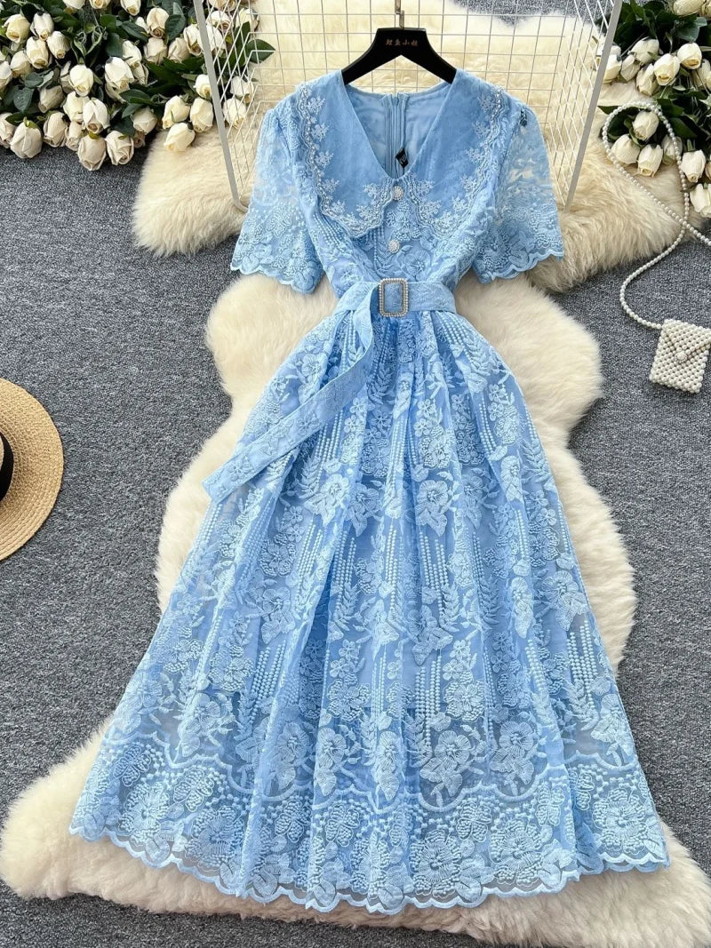 Elegant Lace Embroidery A Line Midi Dress for Women