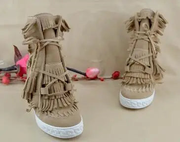 Girls Beige Black Gray Pink Suede Genuine Leather Round Toe Tassel Fringed 8 CM Height Increasing Wedges Sneakers Ankle Boots