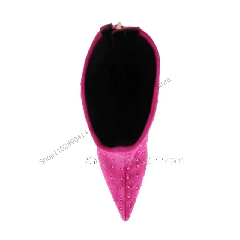 Rose Red Crystal Decor Mid Calf Pointed Toe Boots With Back Zipper for Women