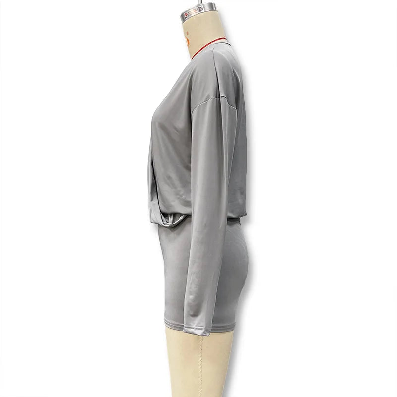 Solid Color Long-Sleeved V-Neck Mini Dress for Women