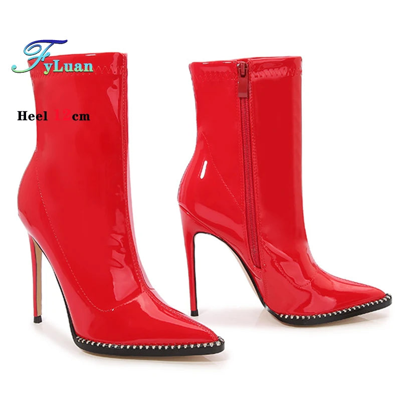 Elegant Rhinestone Bordered Side Zipper High Heel Ankle Boots for Women