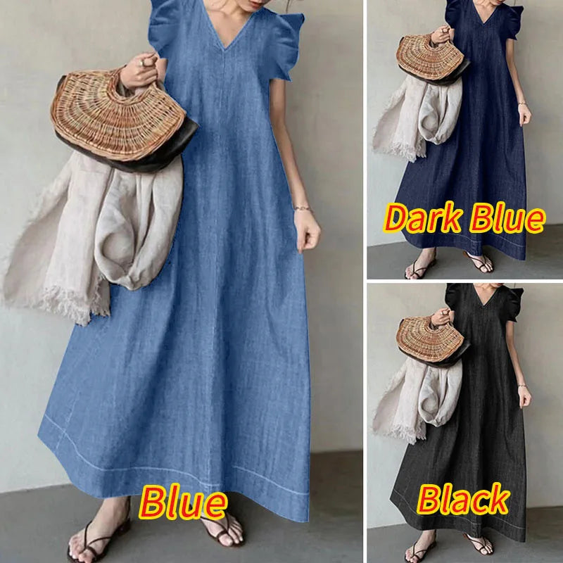 Bohemian Style V Neck Flutter Sleeve Denim Maxi Dress for Women