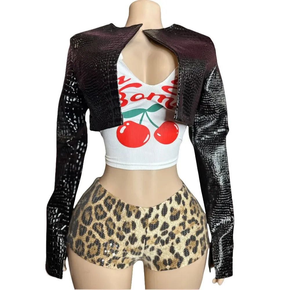 Chic Leopard Print Sequin Three Piece Set for Women
