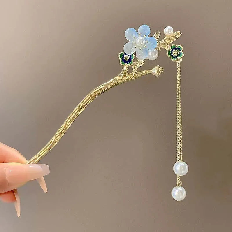 Floral Crystal Tassel Hair Sticks