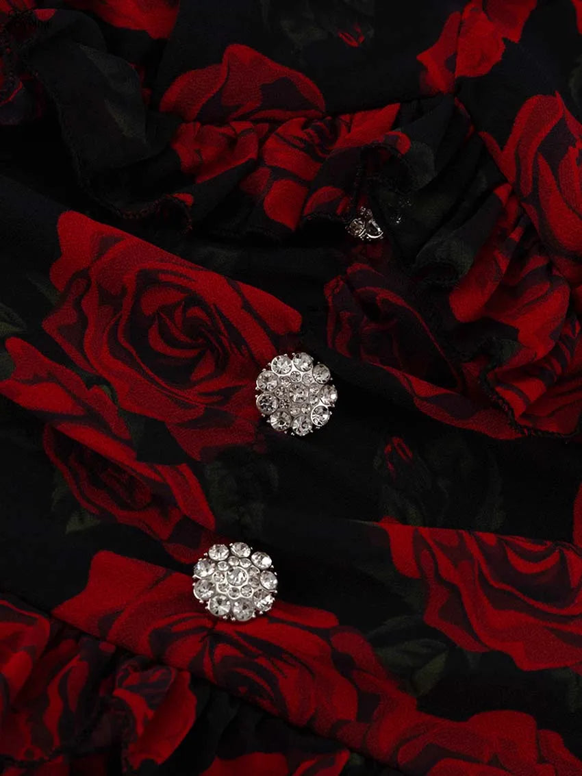 Oymimi Elegant Red Print Womens Dresses Fashion V-Neck Long Sleeve Button Dresses Casual High Waisted Ruffled Mini Dress Female