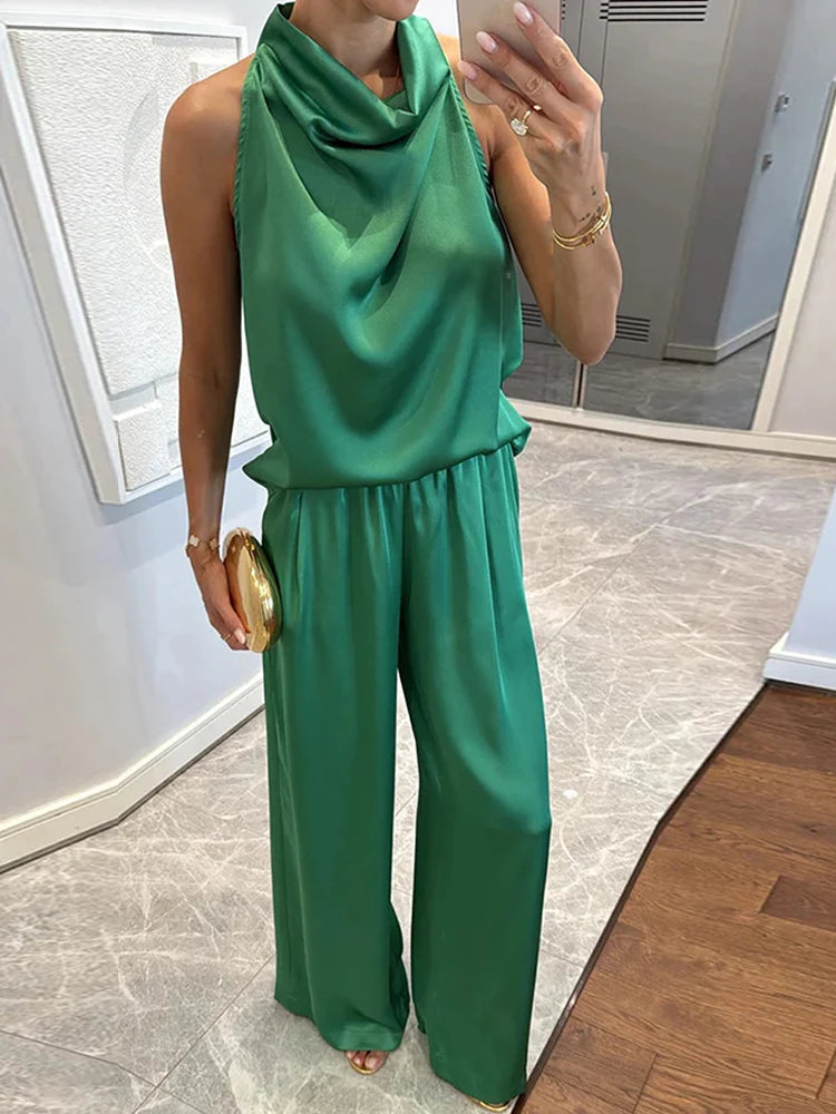 Pile Collar Sleeveless Top Wide Leg Pants 2CPS Sets, Women Summer Loose Elastic Waist Chic Outfit, Solid Patchwork Ladies Suits