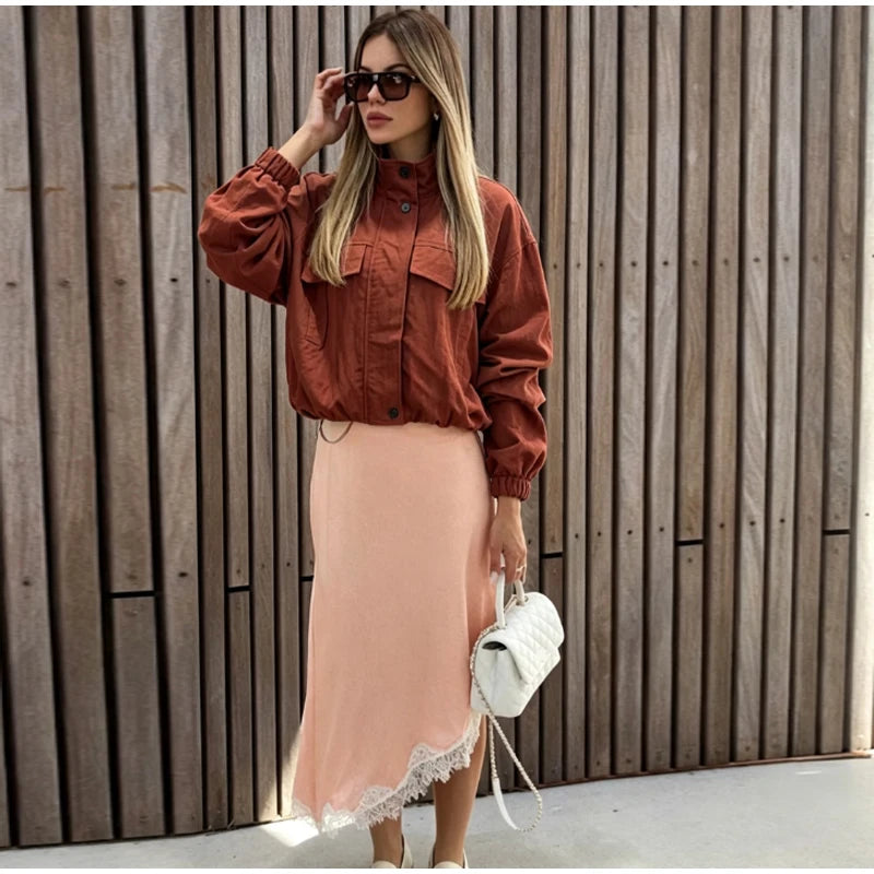 Casual Solid Loose Jacket Stand Collar With Big Pockets for Women