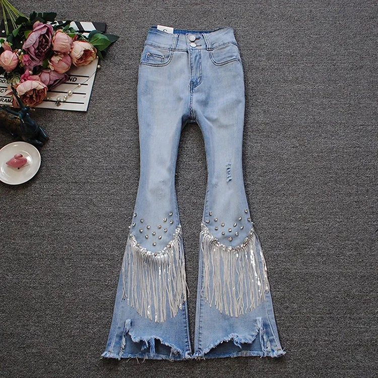 Beaded Studded Diamond Fringe Cropped Jeans for Women