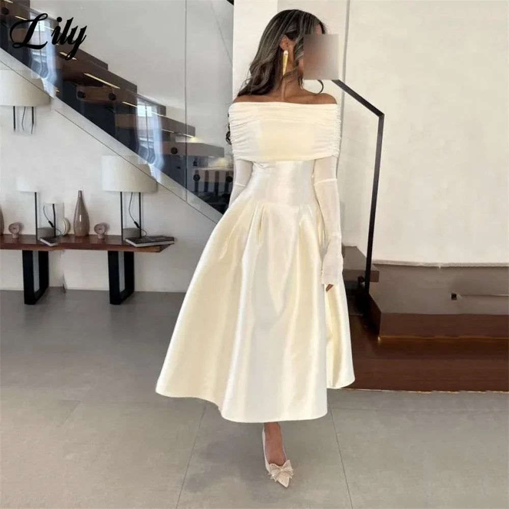 Lily White Evening Dress Off the Shoulder Prom Dresses Full Sleeves Party Formal Gown A Line robe de bal for Woman Customized