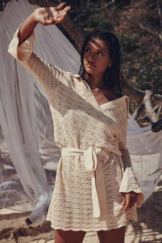 Sexy Shirt V-neck Bell Sleeve Hollow Out Knitted Belted Beach Mini Dress 2025 Summer Swimsuit Cover Up Women's Casual Outfit K16