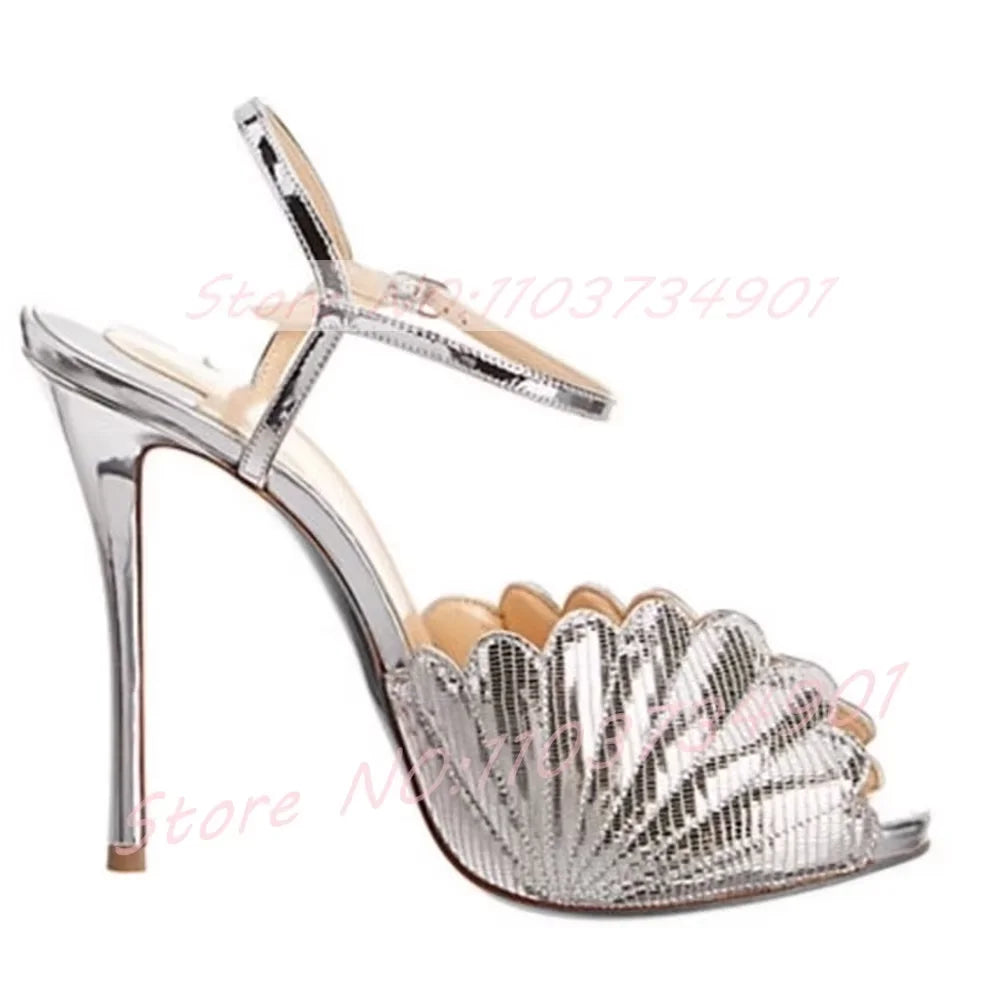 Metallic Scalloped Platform Sandals With Thin Heel For Women