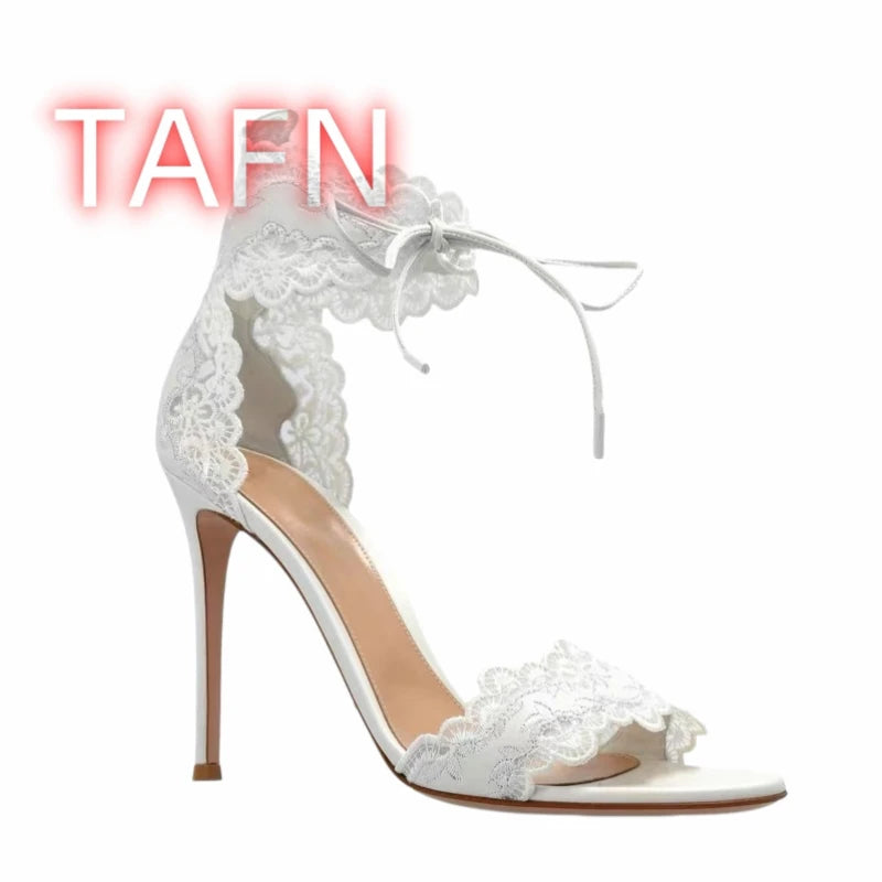 White Bridal Lace Up Open Toe Heeled Sandals for Women