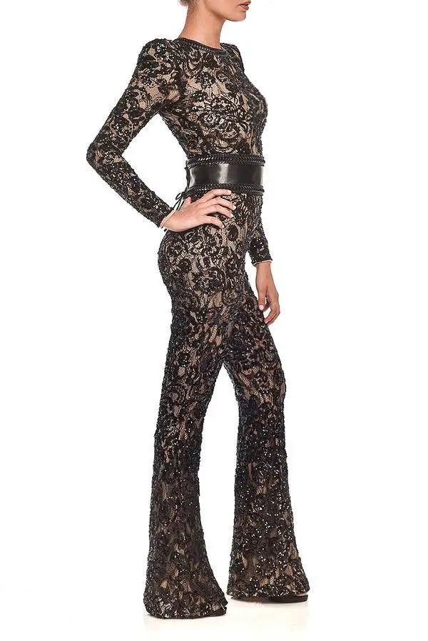 Solid Color Lace Hollow Out Jumpsuit Slim Fit for Women
