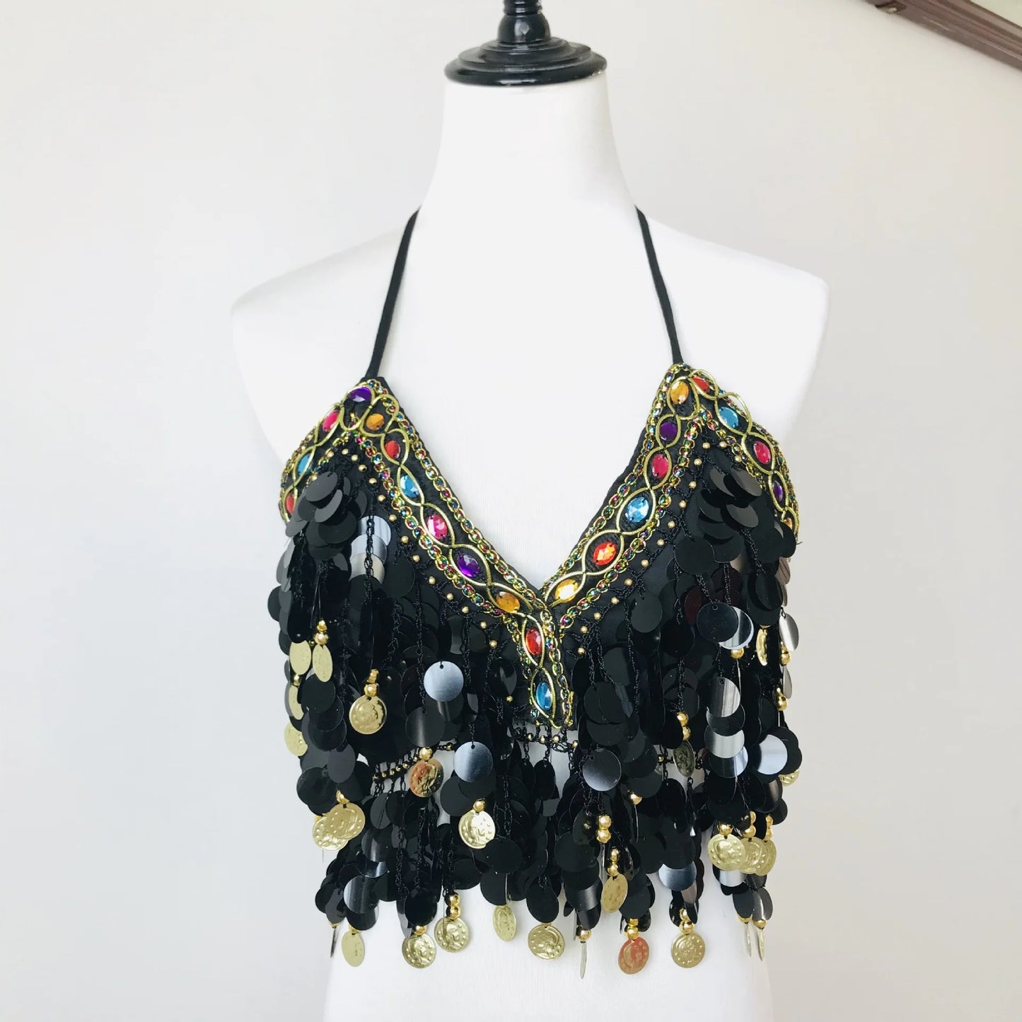Shiny Colored Sequin Diamond Halter Crop Top for Women