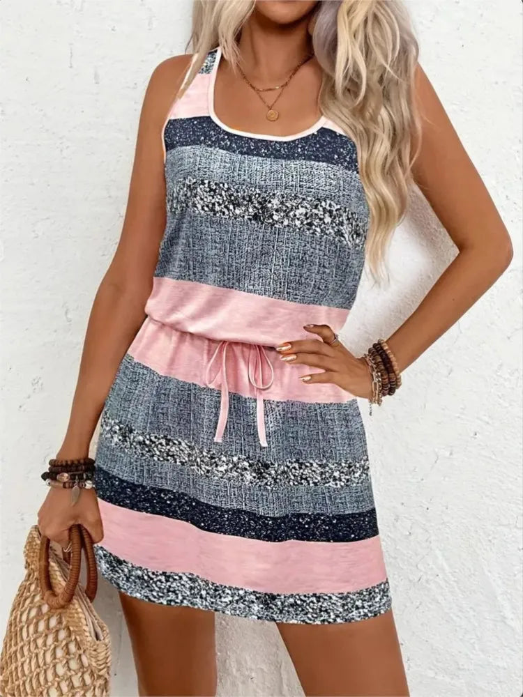 Casual Striped Round Neck Sleeveless Mini Dress for Women