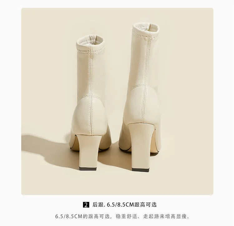 Pointed Leather High Heel Ankle Boots