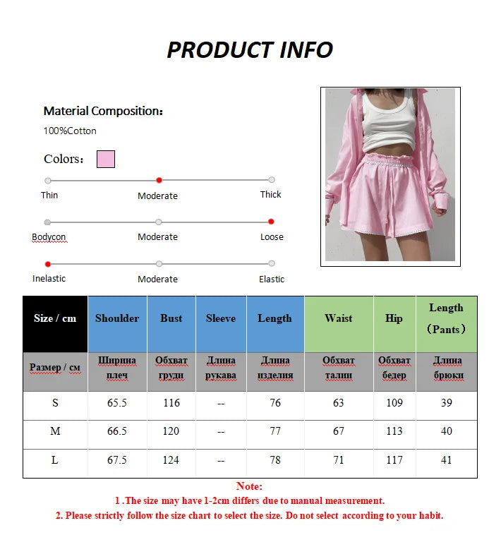 Striped Long Sleeve Cotton Shirt And Shorts Set For Women