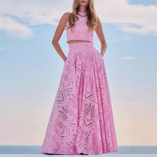 Women Hollow Out Sleeveless Embroidery Two-Piece Set 2025 O-Neck Blouse + Lace Pockets Skirt beach New Two Piece Set