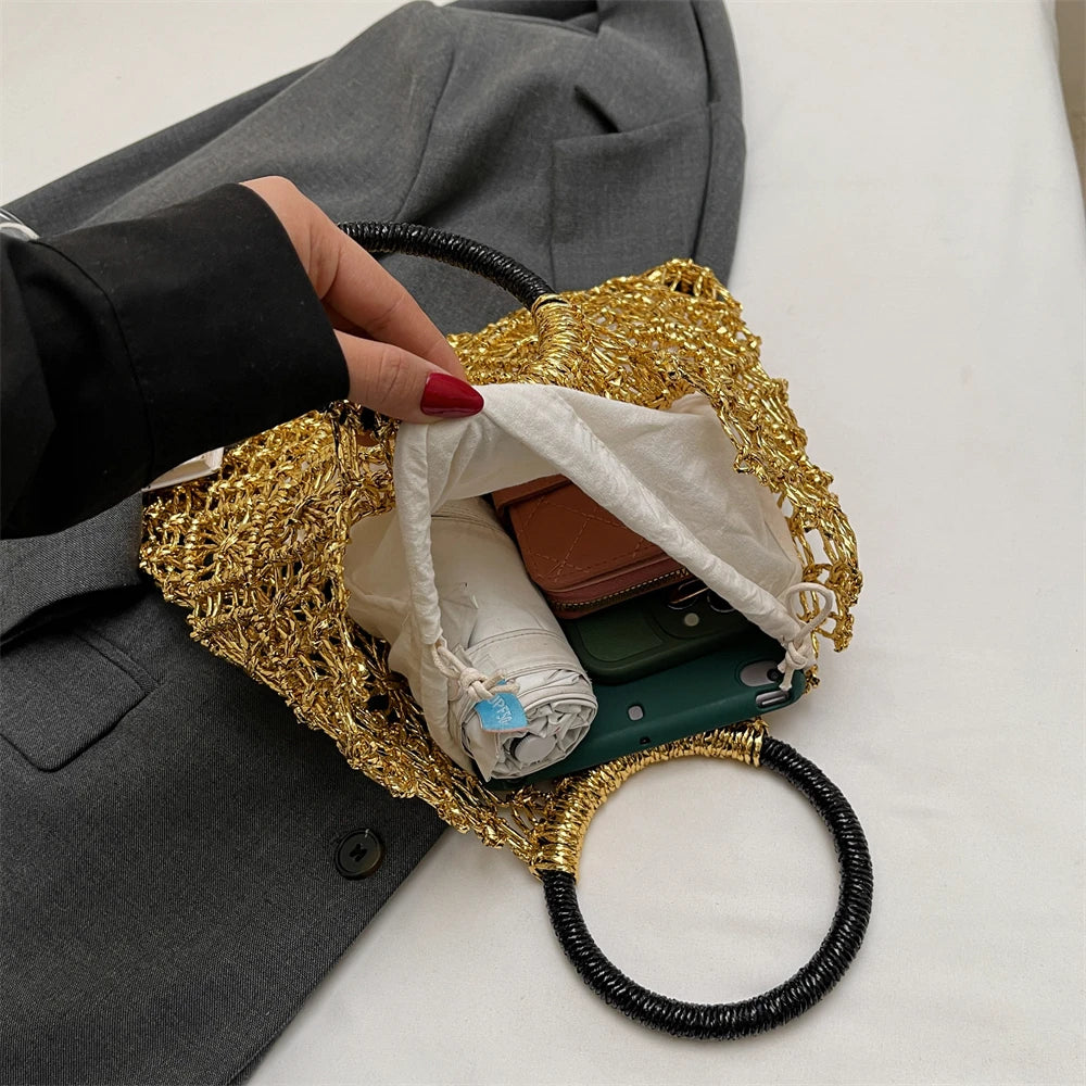 Eco Friendly Woven Round Handle Hollow Out Craft Paper Handbag for Women