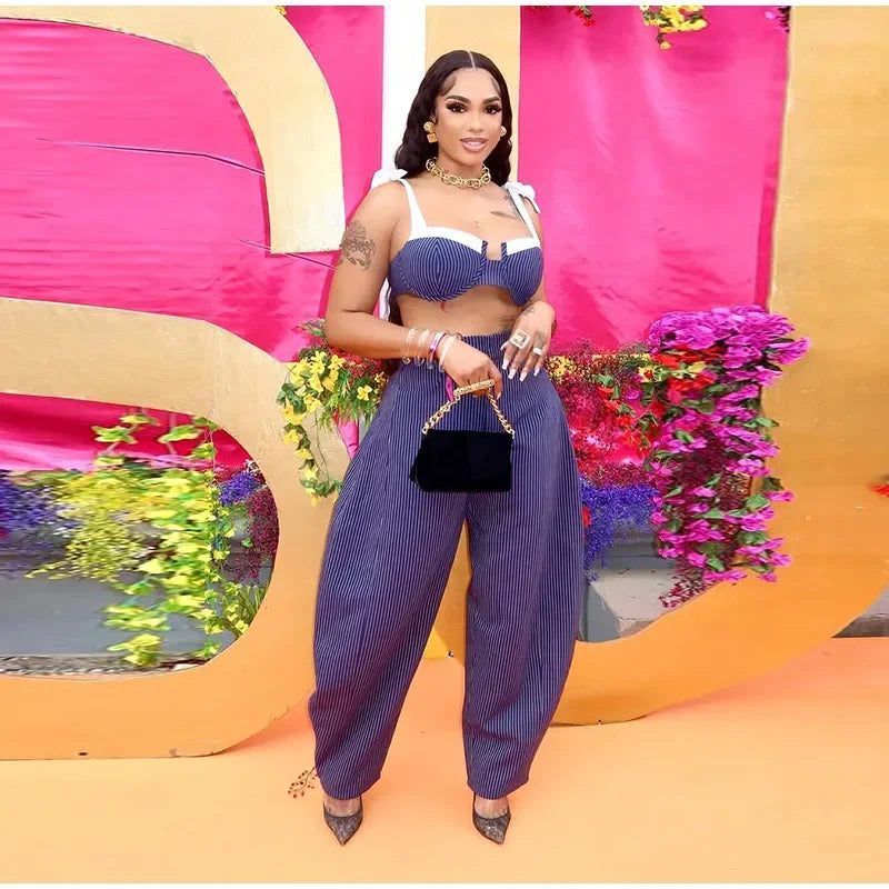 Striped Contrast Sleeveless Crop Top And Pants Set For Women